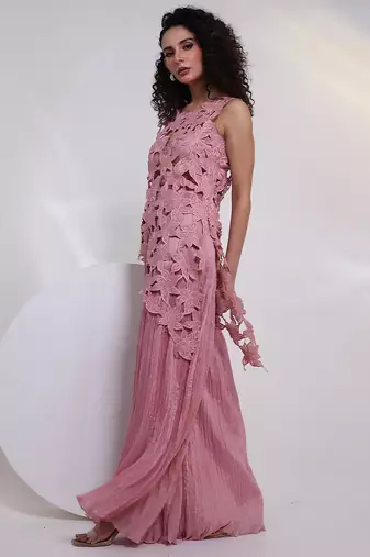 Pink embroidered chinon co ord set