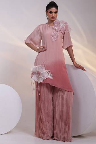 Pink embroidered chinon co ord set