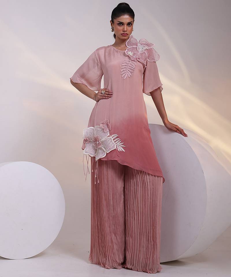 Pink embroidered chinon co ord set