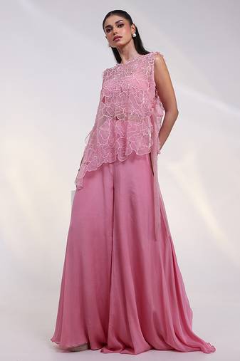 Pink embroidered crepe co ord set 