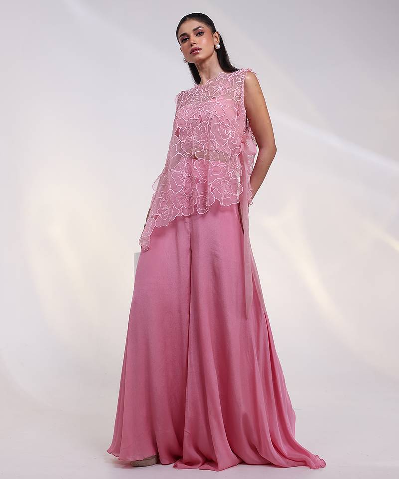 Pink embroidered crepe co ord set 