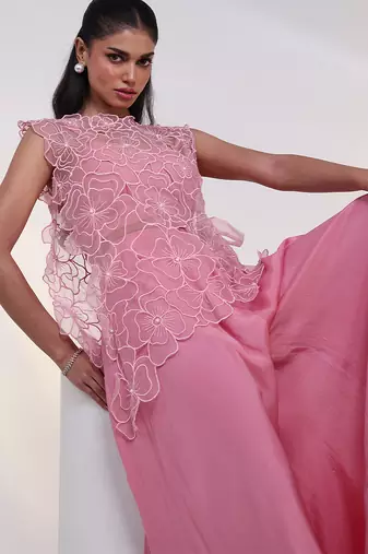 Pink embroidered crepe co ord set 
