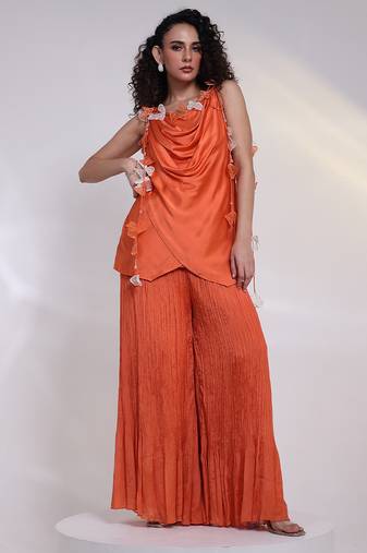 Orange embroidered satin co ord set