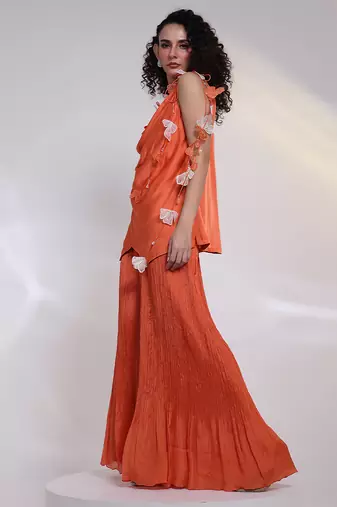 Orange embroidered satin co ord set
