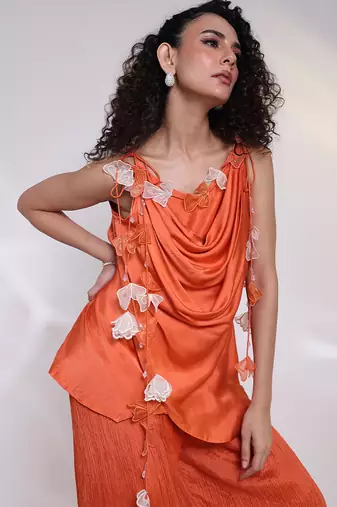 Orange embroidered satin co ord set