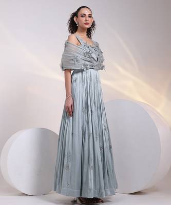 Grey embroidered satin gown 1