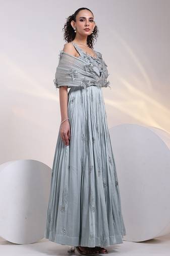 Grey embroidered satin gown