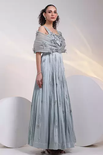 Grey embroidered satin gown