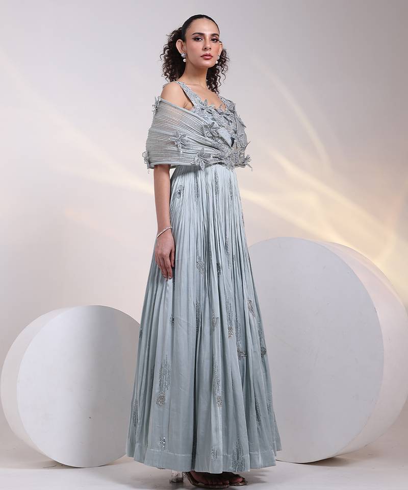 Grey embroidered satin gown