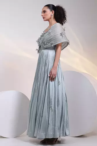 Grey embroidered satin gown