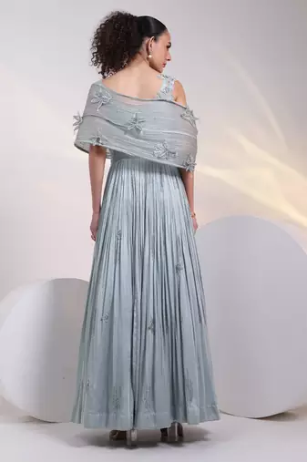 Grey embroidered satin gown