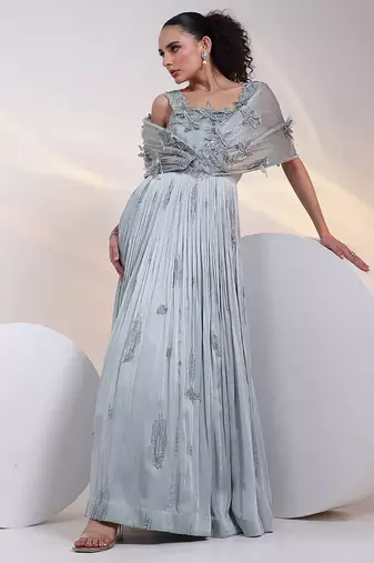 Grey embroidered satin gown
