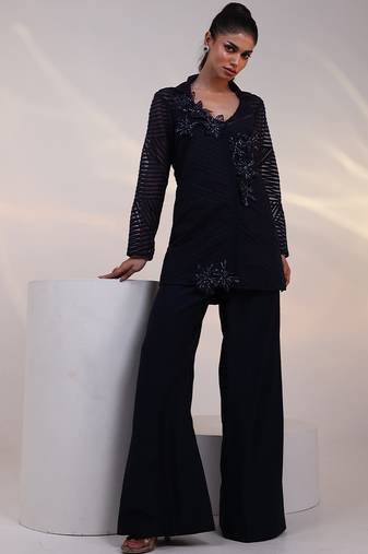 Blue embroidered organza co ord set