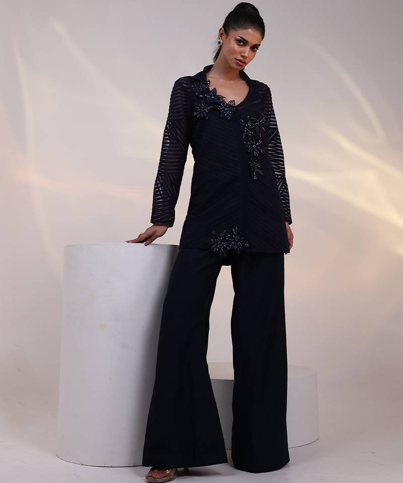 Blue embroidered organza co ord set