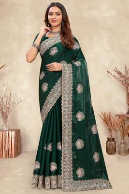 dark green crepe silk saree with zarkan diamond work 1