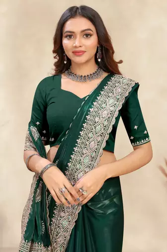 dark green crepe silk saree with zarkan diamond work