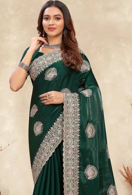 dark green crepe silk saree with zarkan diamond work 3