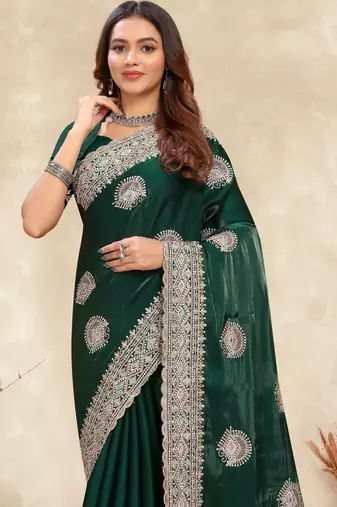 dark green crepe silk saree with zarkan diamond work
