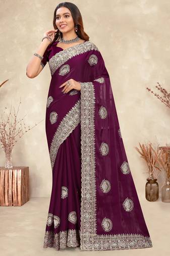 wine crepe silk saree with zarkan diamond work