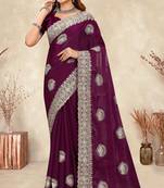 wine heavy coding embroidered zarkan diamond work crepe silk blend saree for women