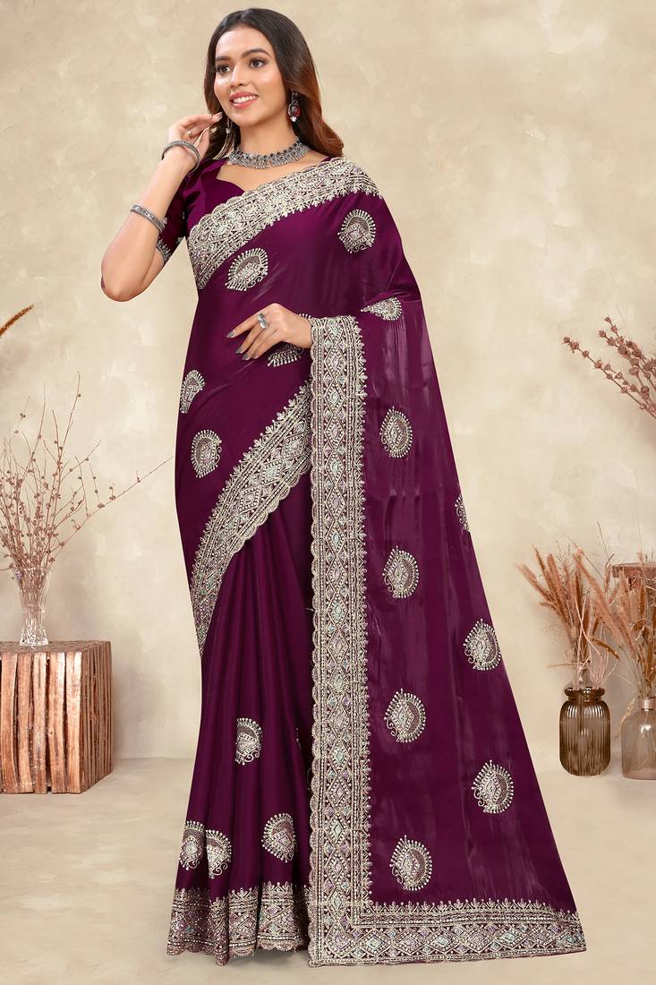 wine heavy coding embroidered zarkan diamond work crepe silk blend saree for women