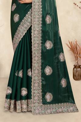 dark green crepe silk saree with zarkan diamond work 4