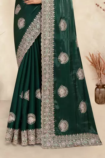 dark green crepe silk saree with zarkan diamond work