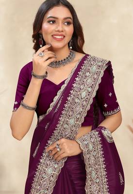 wine crepe silk saree with zarkan diamond work 2