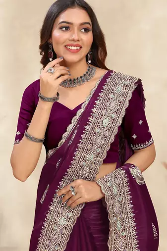 wine crepe silk saree with zarkan diamond work