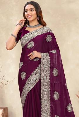 wine crepe silk saree with zarkan diamond work 3