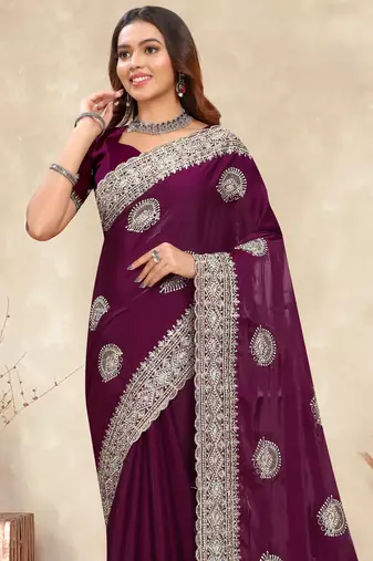 wine crepe silk saree with zarkan diamond work