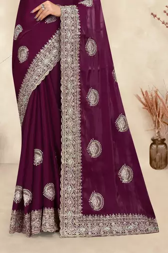 wine crepe silk saree with zarkan diamond work