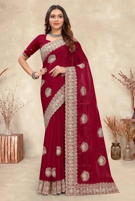 red crepe silk saree with zarkan diamond work 1