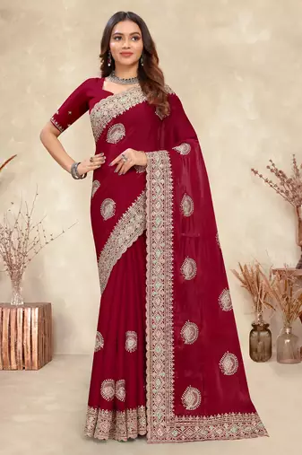 red heavy coding embroidered zarkan diamond work crepe silk blend saree for women