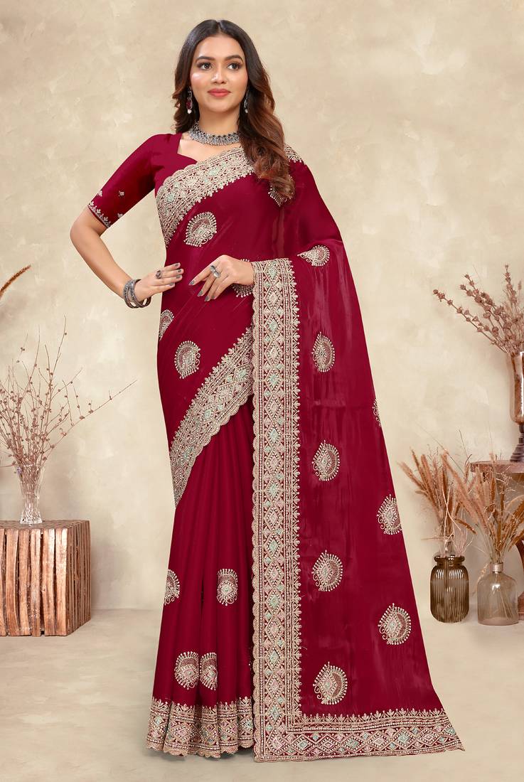 red heavy coding embroidered zarkan diamond work crepe silk blend saree for women