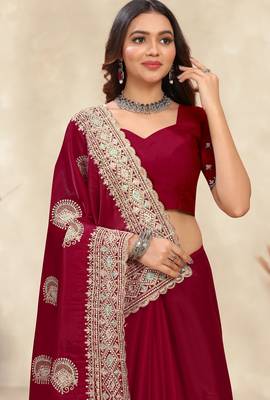 red crepe silk saree with zarkan diamond work 2