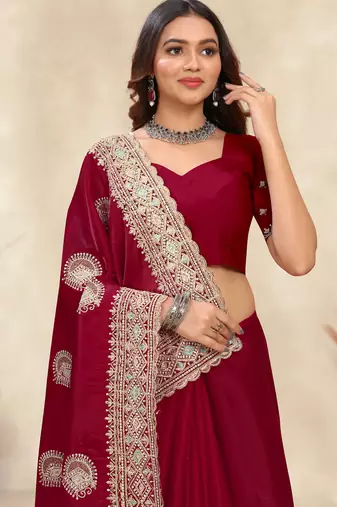 red crepe silk saree with zarkan diamond work