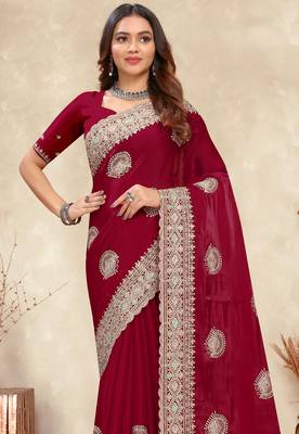 red crepe silk saree with zarkan diamond work 3