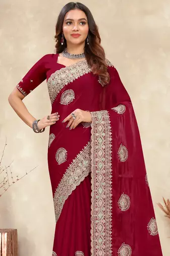 red crepe silk saree with zarkan diamond work