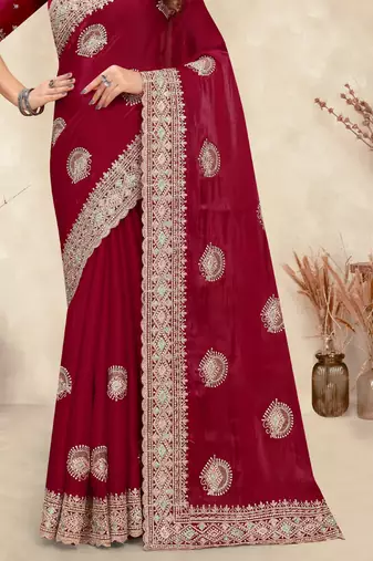 red crepe silk saree with zarkan diamond work