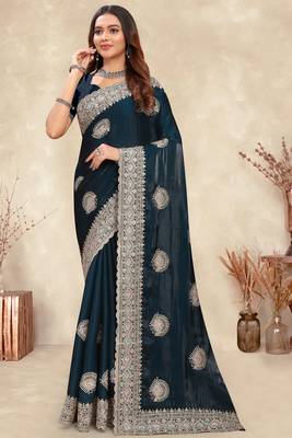 teal blue crepe silk saree with zarkan diamond work 1