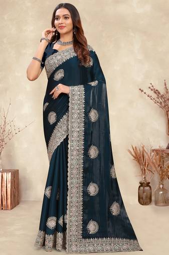 teal blue crepe silk saree with zarkan diamond work