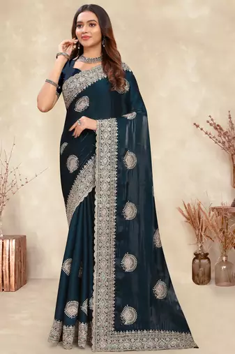 teal blue crepe silk saree with zarkan diamond work