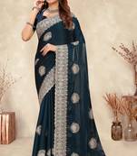 teal blue crepe silk saree with zarkan diamond work
