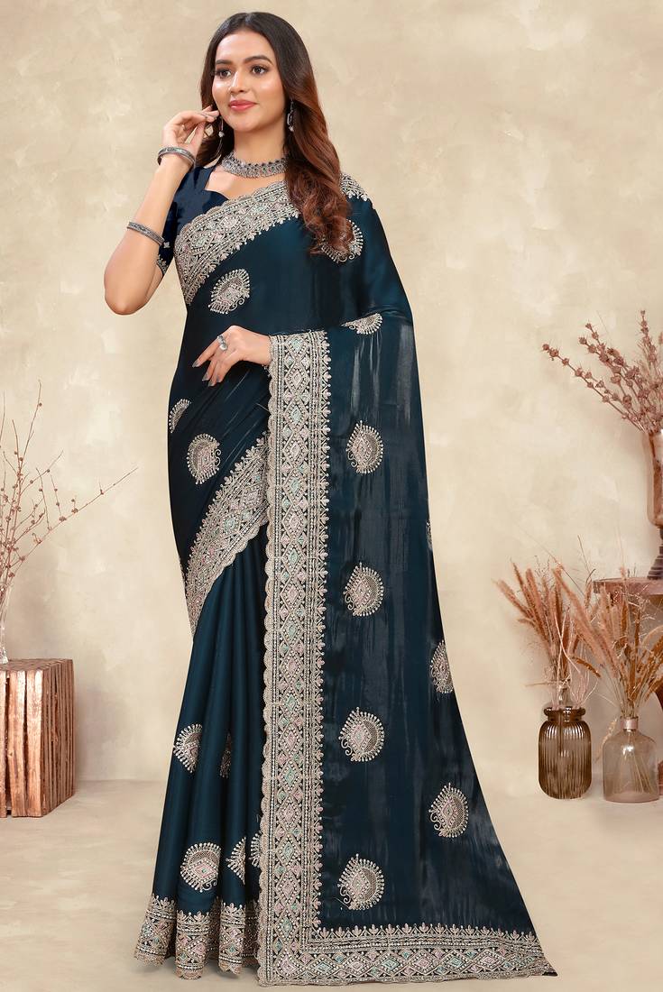teal blue crepe silk saree with zarkan diamond work