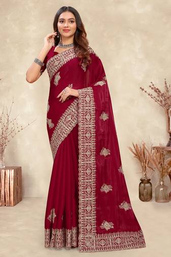 red crepe silk saree with coding zarkan work