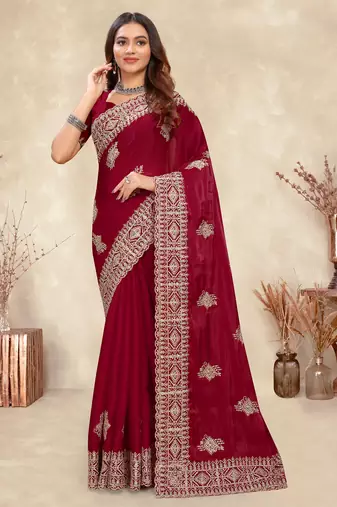 red coding embroidered zarkan diamond work crepe silk blend saree for women