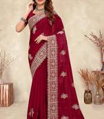 red coding embroidered zarkan diamond work crepe silk blend saree for women