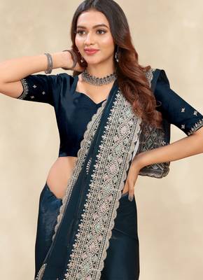 teal blue crepe silk saree with zarkan diamond work 2