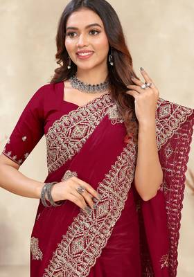 red crepe silk saree with coding zarkan work 2